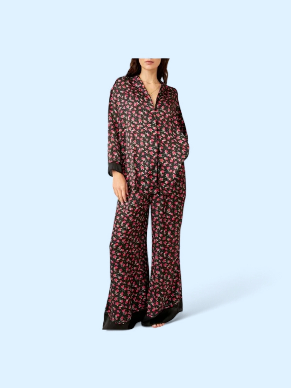 Free People Black Satin Pajama Set with Pink Floral Print